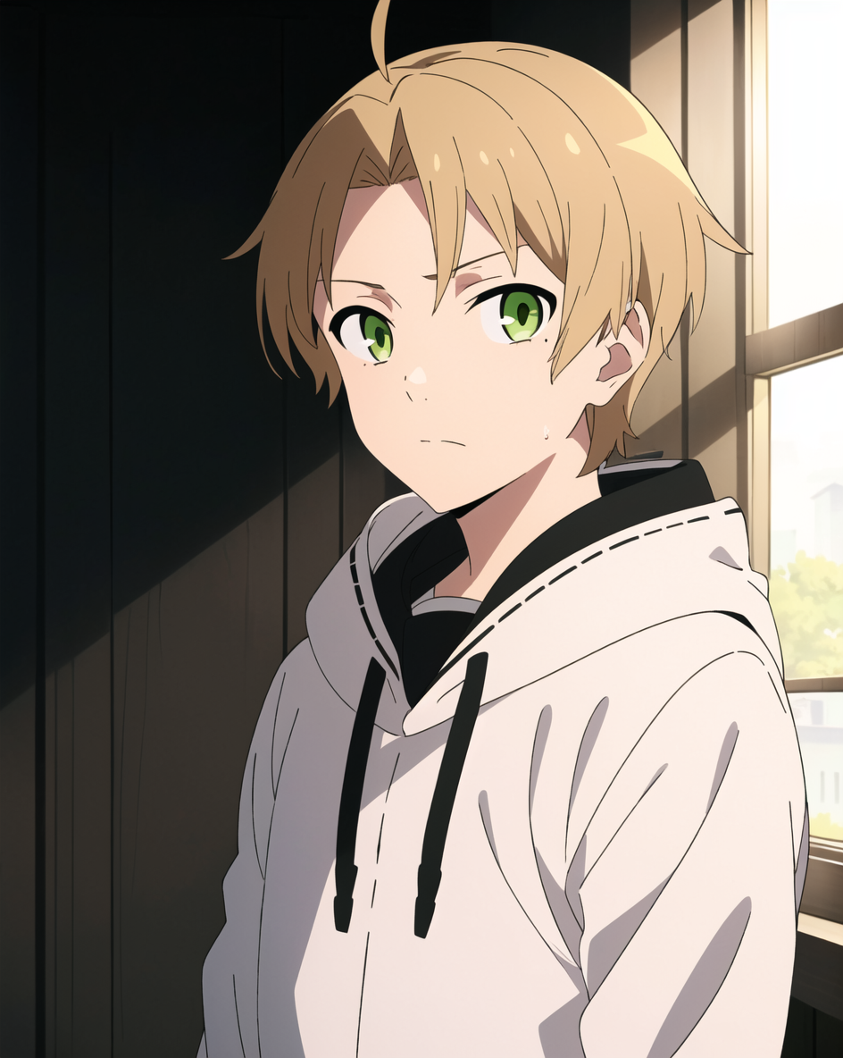 3978527572-2815559745-mushoku tensei style, 1boy, male focus, solo, green eyes, window, ahoge, blonde hair, indoors, looking at viewer, hood, upper bo.png